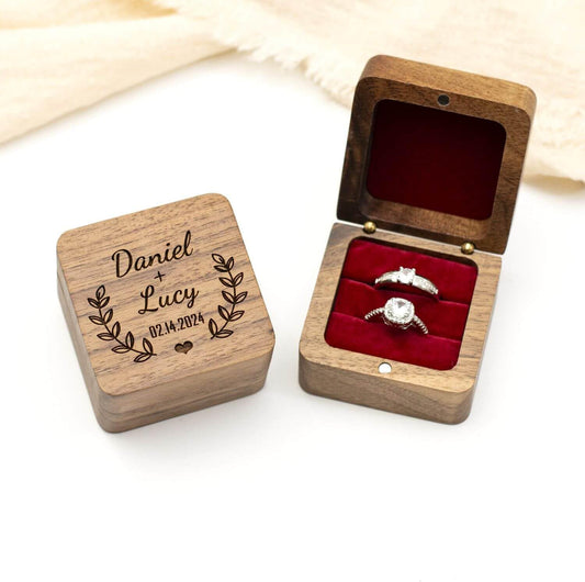 Custom Dual-Slot Walnut Wood Ring Box – Timeless Keepsake for Love & Milestones (doesn't included the rings)