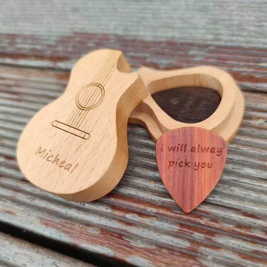 Custom Beechwood Guitar Case & 3 Wooden Guitar Picks