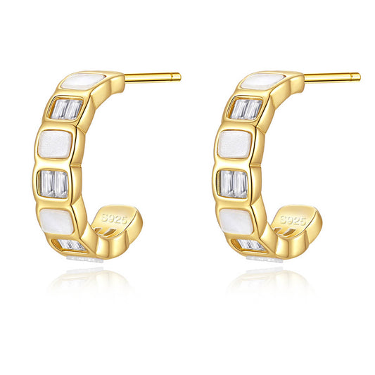 Geometric Cube C-Shaped Zircon Stud Earrings in Sterling Silver